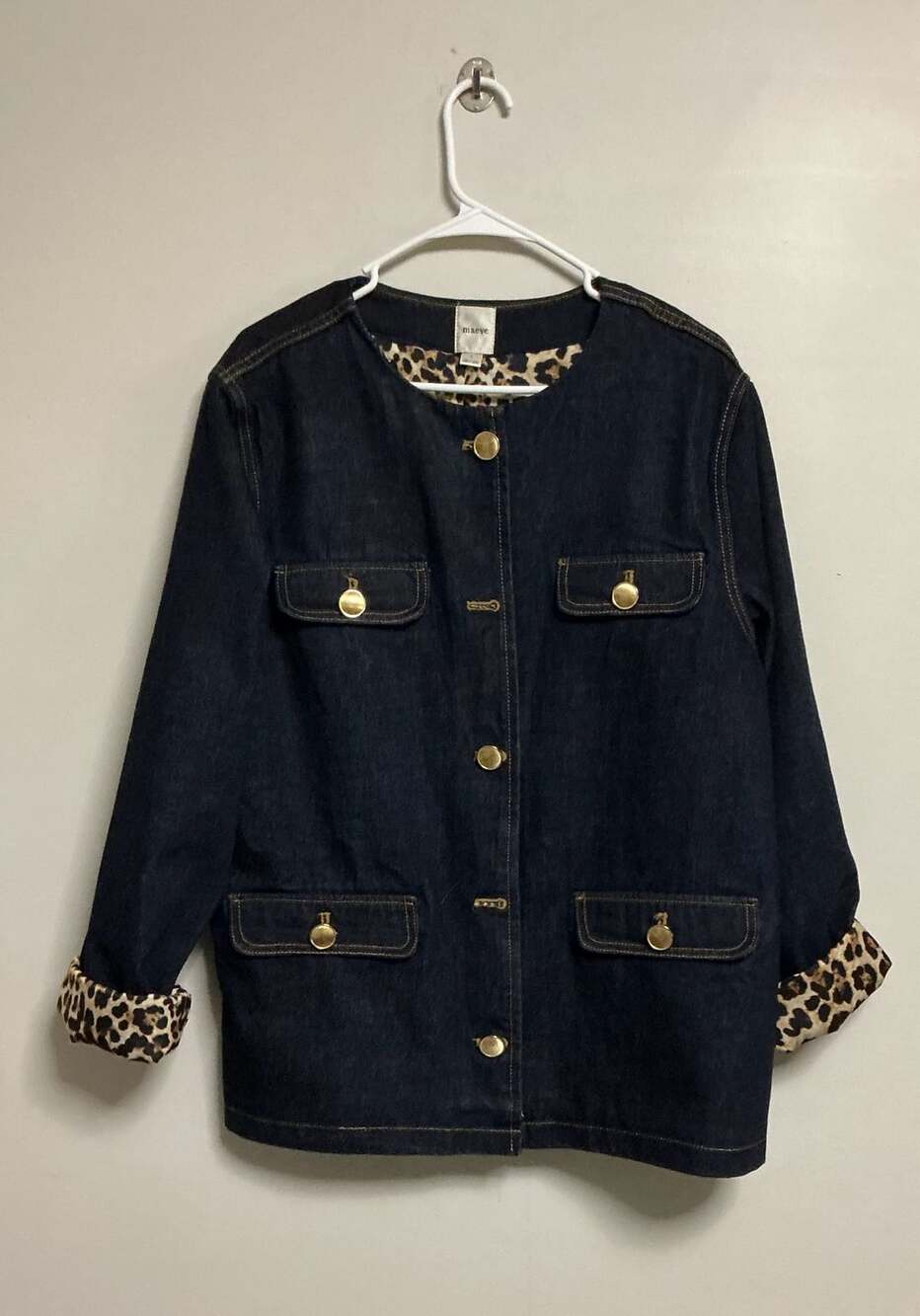 Maeve Anthropologie Dark Denim Gold Button Leopard Print Lined Jacket Size L